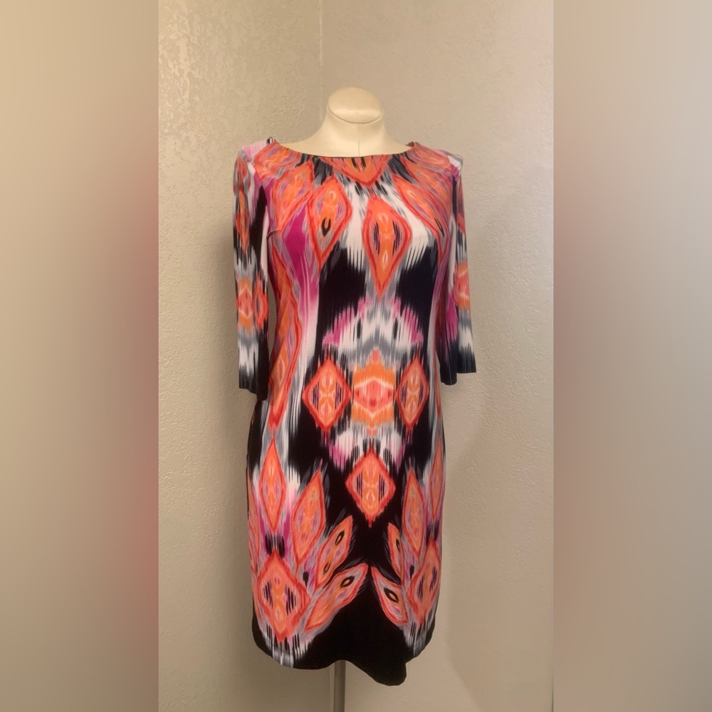 Chico's 1 Ladies M 8 Multicolor Ikat Sheath Dress 3/4 Sleeves